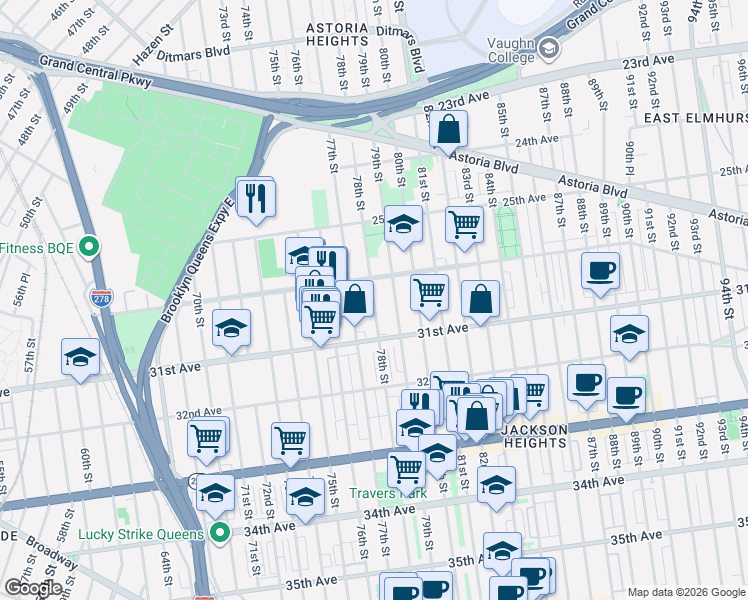 map of restaurants, bars, coffee shops, grocery stores, and more near in Queens
