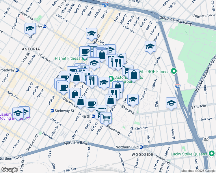 map of restaurants, bars, coffee shops, grocery stores, and more near 45-11 31st Avenue in Queens