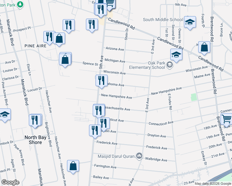map of restaurants, bars, coffee shops, grocery stores, and more near 18 New Hampshire Avenue in Bay Shore