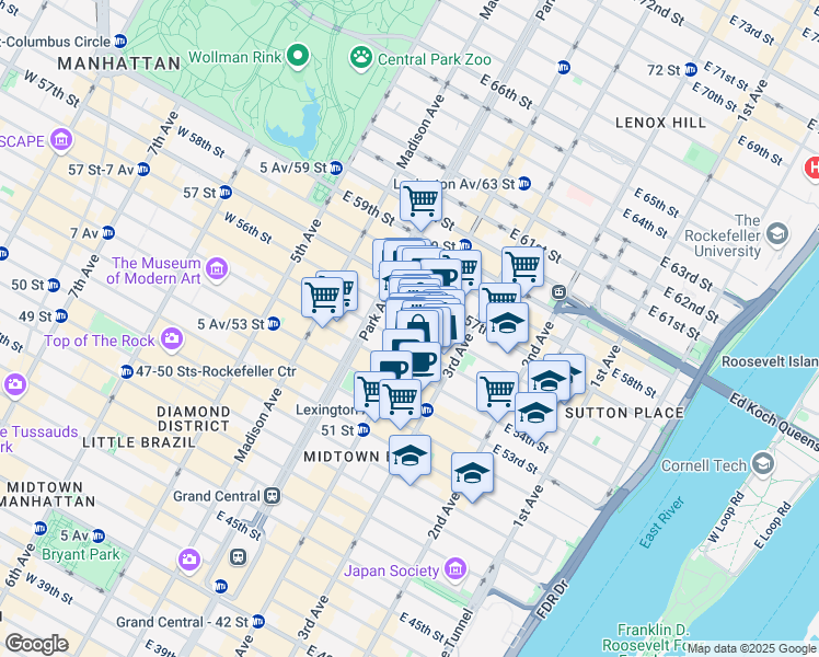 map of restaurants, bars, coffee shops, grocery stores, and more near 676 Lexington Avenue in New York