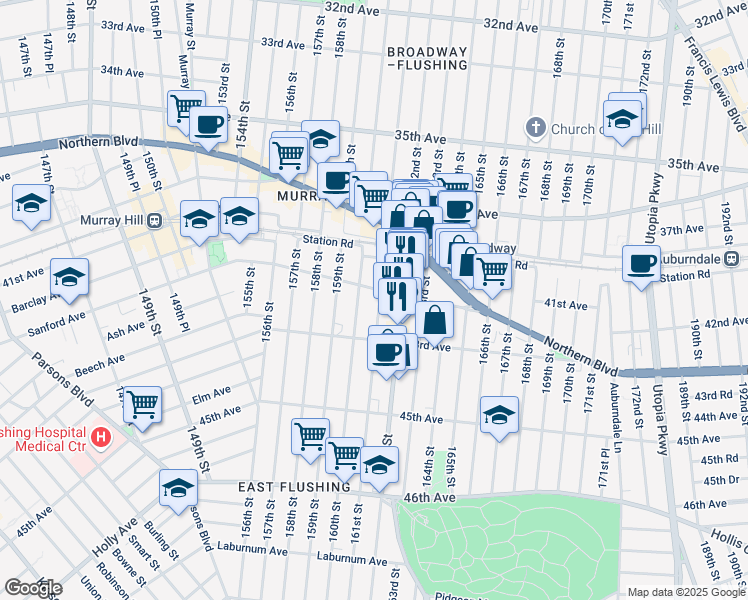 map of restaurants, bars, coffee shops, grocery stores, and more near 42-26 162nd Street in Queens
