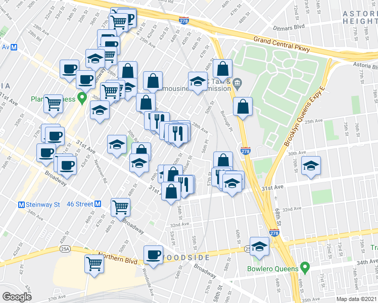 map of restaurants, bars, coffee shops, grocery stores, and more near 50-09 30th Avenue in Queens