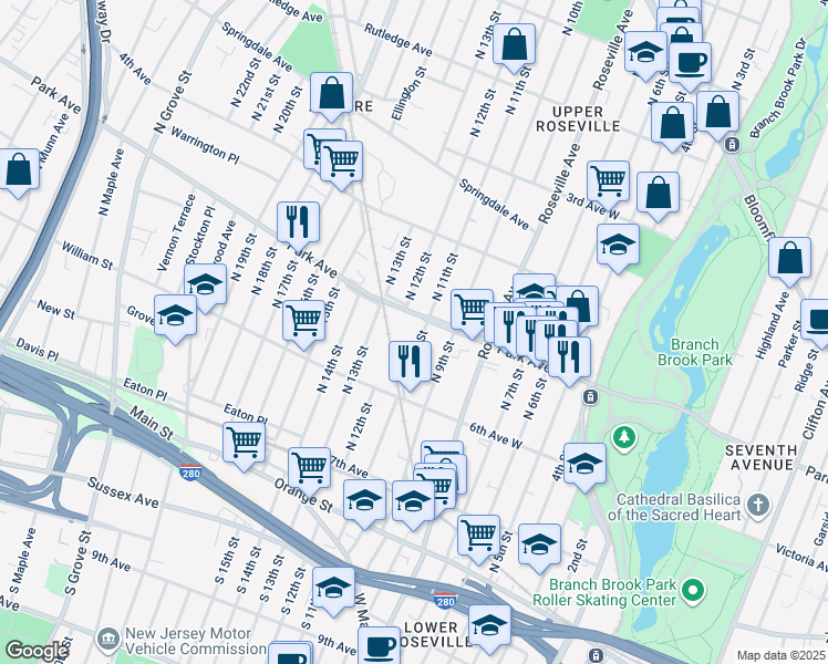 map of restaurants, bars, coffee shops, grocery stores, and more near 354 Park Avenue in Newark