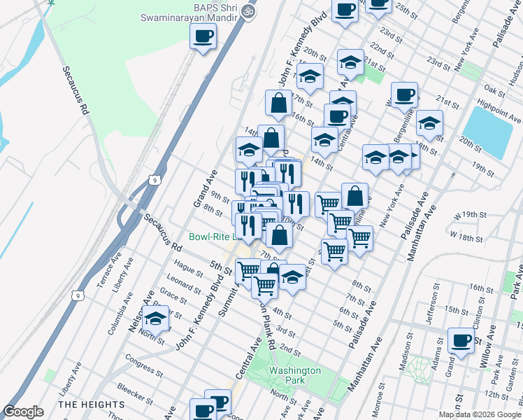 map of restaurants, bars, coffee shops, grocery stores, and more near 1003-1007 Summit Avenue in Union City
