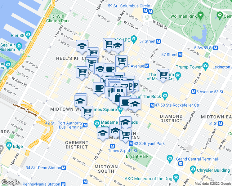 map of restaurants, bars, coffee shops, grocery stores, and more near 243 West 47th Street in New York