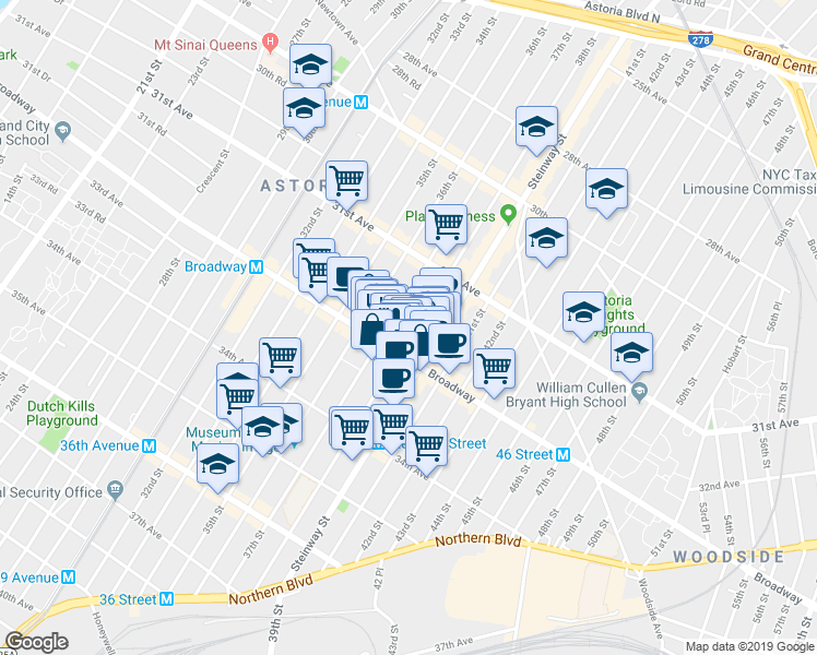 map of restaurants, bars, coffee shops, grocery stores, and more near 31-68 38th Street in Queens