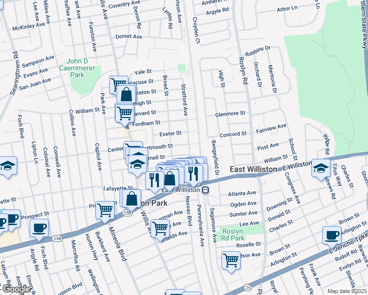 map of restaurants, bars, coffee shops, grocery stores, and more near 92 Cornell Street in Williston Park