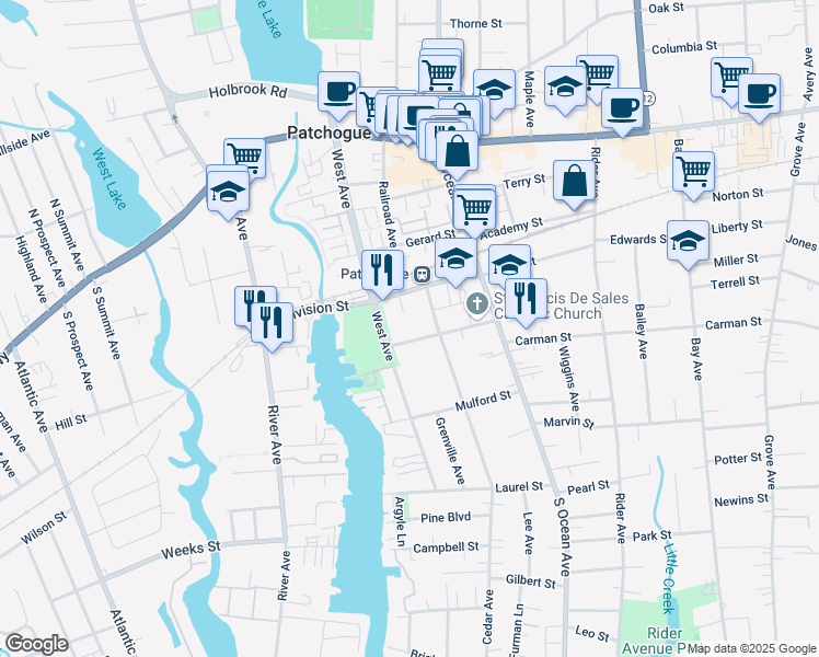 map of restaurants, bars, coffee shops, grocery stores, and more near 48 Amity Street in Patchogue