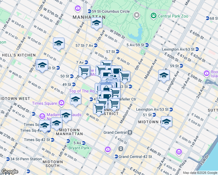 map of restaurants, bars, coffee shops, grocery stores, and more near 51 West 51st Street in New York