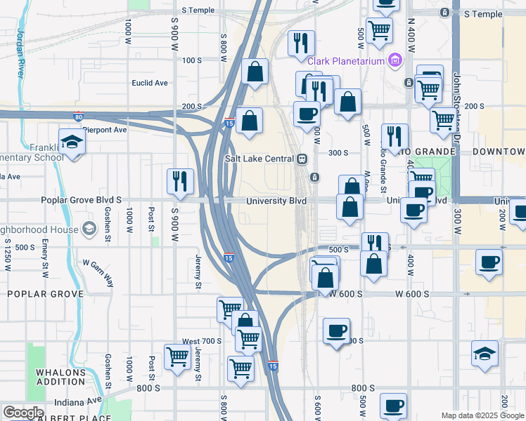 map of restaurants, bars, coffee shops, grocery stores, and more near 723 Pacific Avenue South in Salt Lake City