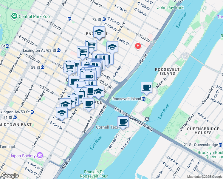 map of restaurants, bars, coffee shops, grocery stores, and more near 510 East 62nd Street in New York