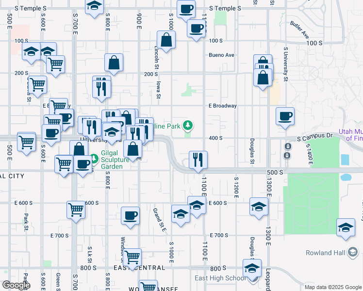 map of restaurants, bars, coffee shops, grocery stores, and more near 1032 400 South in Salt Lake City