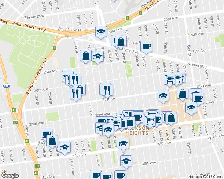 map of restaurants, bars, coffee shops, grocery stores, and more near 30-53 81st Street in Queens