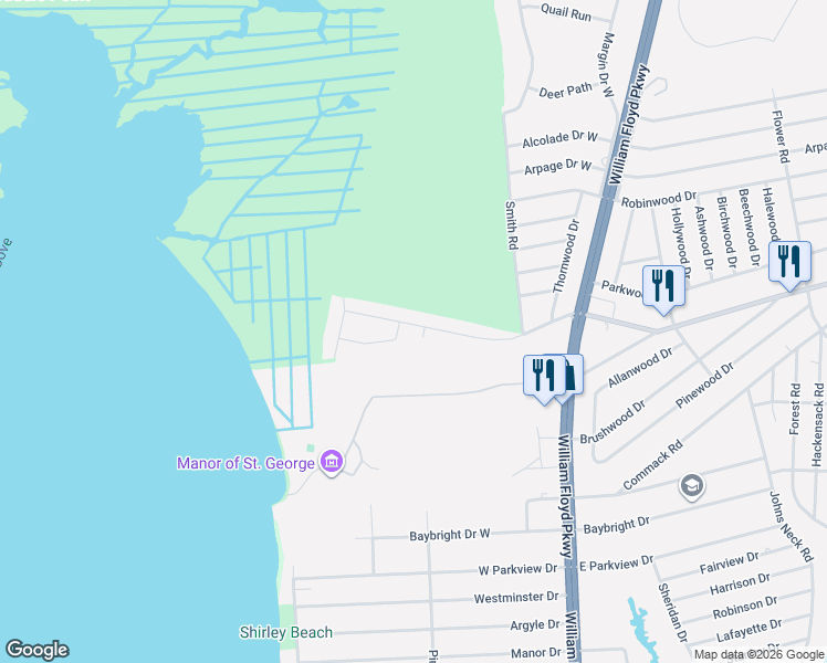 map of restaurants, bars, coffee shops, grocery stores, and more near 20 Golden Gate Drive in Shirley