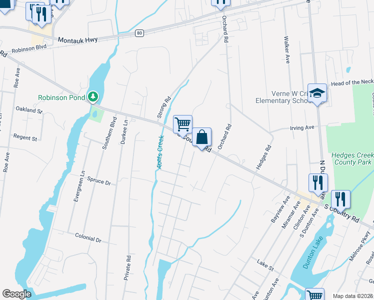 map of restaurants, bars, coffee shops, grocery stores, and more near 12 Roosevelt Boulevard in East Patchogue