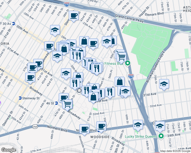 map of restaurants, bars, coffee shops, grocery stores, and more near 49-10 30th Avenue in Queens