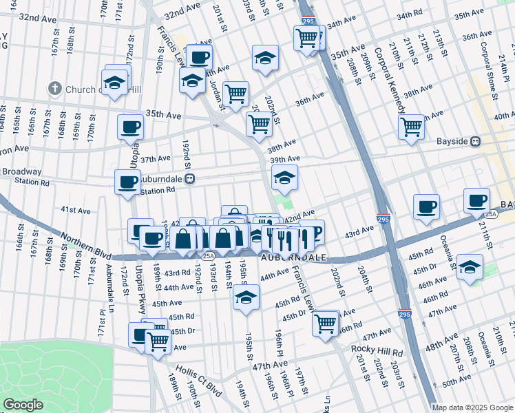 map of restaurants, bars, coffee shops, grocery stores, and more near 196-22 42nd Avenue in Queens