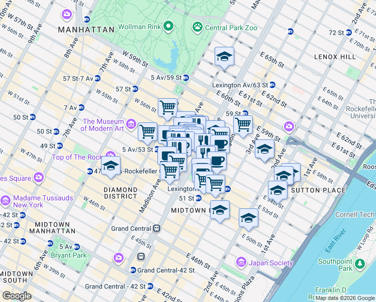 map of restaurants, bars, coffee shops, grocery stores, and more near in New York