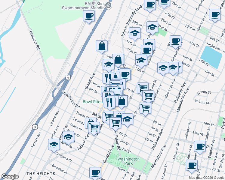 map of restaurants, bars, coffee shops, grocery stores, and more near 803 John F. Kennedy Boulevard in North Bergen