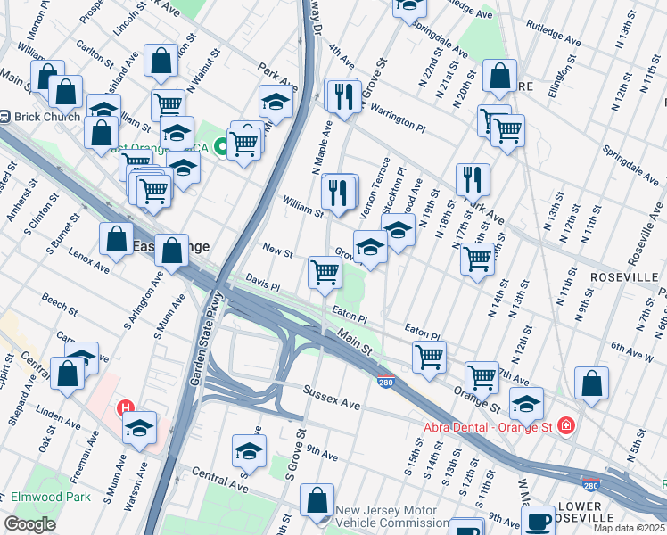 map of restaurants, bars, coffee shops, grocery stores, and more near 80 North Grove Street in East Orange