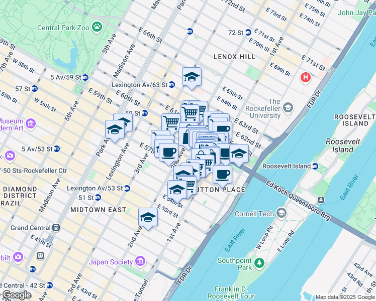 map of restaurants, bars, coffee shops, grocery stores, and more near 331 East 58th Street in New York
