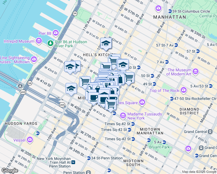 map of restaurants, bars, coffee shops, grocery stores, and more near 353 West 45th Street in New York