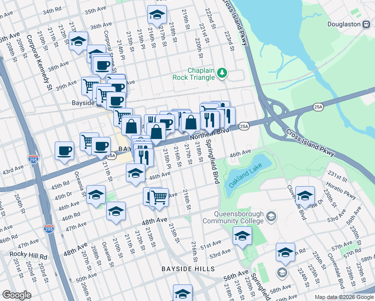 map of restaurants, bars, coffee shops, grocery stores, and more near 45-51 217th Street in Queens