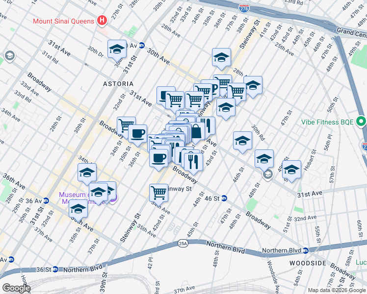 map of restaurants, bars, coffee shops, grocery stores, and more near 31-43 Steinway Street in Queens