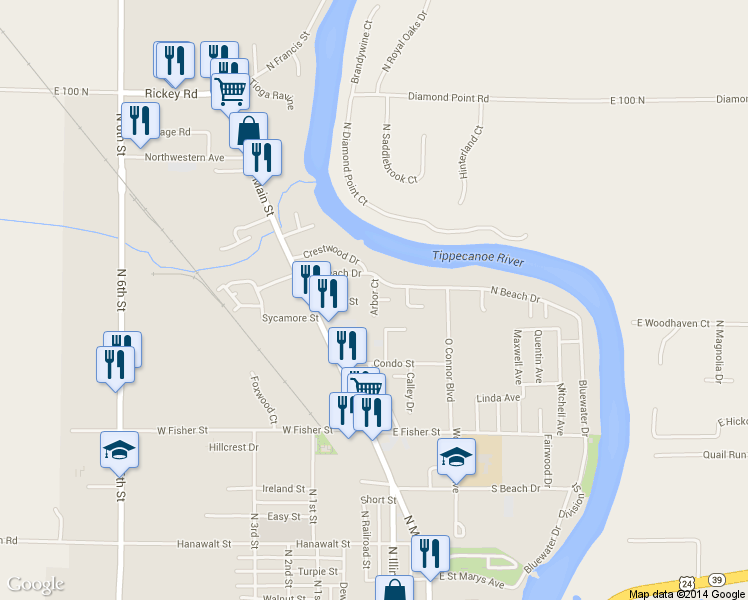 map of restaurants, bars, coffee shops, grocery stores, and more near 1140 Arbor Court in Monticello