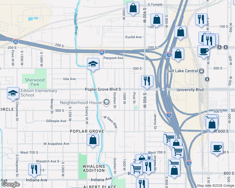 map of restaurants, bars, coffee shops, grocery stores, and more near 444-450 Goshen Street in Salt Lake City