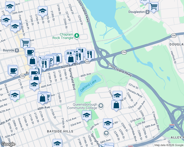 map of restaurants, bars, coffee shops, grocery stores, and more near 46-19 220th Place in Queens