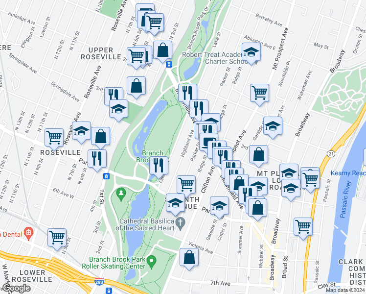map of restaurants, bars, coffee shops, grocery stores, and more near 98 Highland Avenue in Newark
