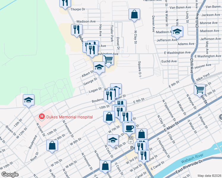 map of restaurants, bars, coffee shops, grocery stores, and more near 264 North Broadway Street in Peru