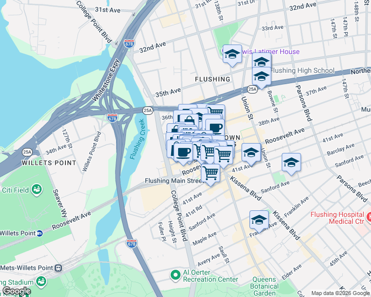 map of restaurants, bars, coffee shops, grocery stores, and more near 37-20 Prince Street in Queens