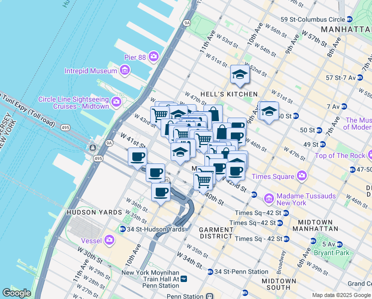 map of restaurants, bars, coffee shops, grocery stores, and more near 500 West 43rd Street in New York