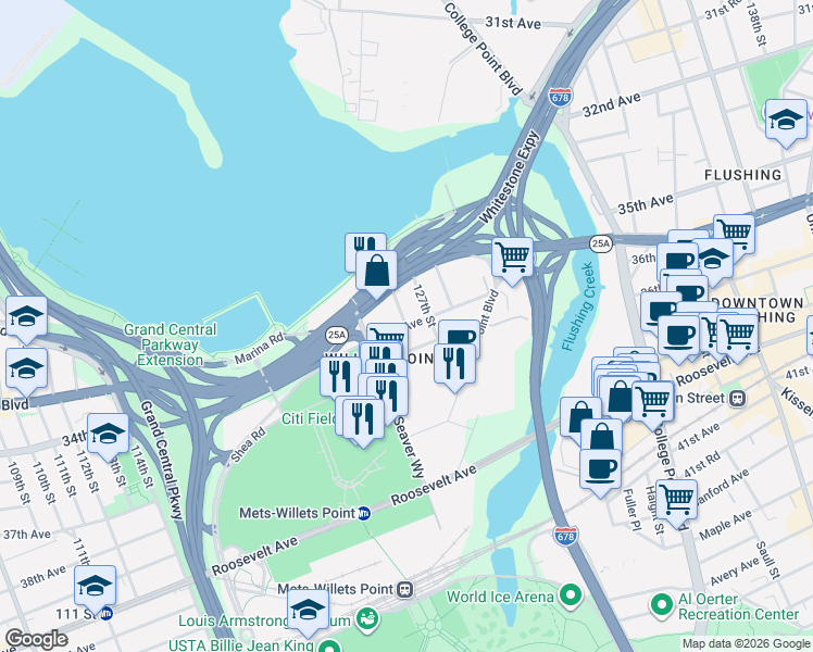 map of restaurants, bars, coffee shops, grocery stores, and more near 126-42 35th Avenue in Queens