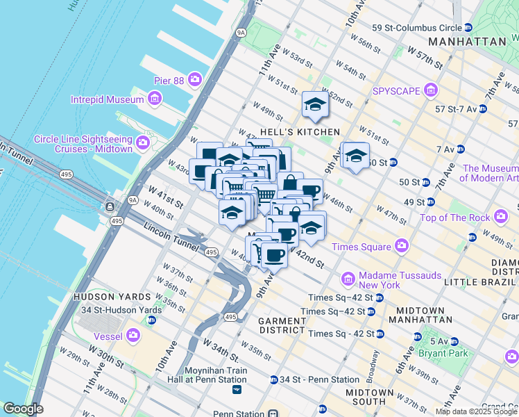 map of restaurants, bars, coffee shops, grocery stores, and more near 576 10th Avenue in New York