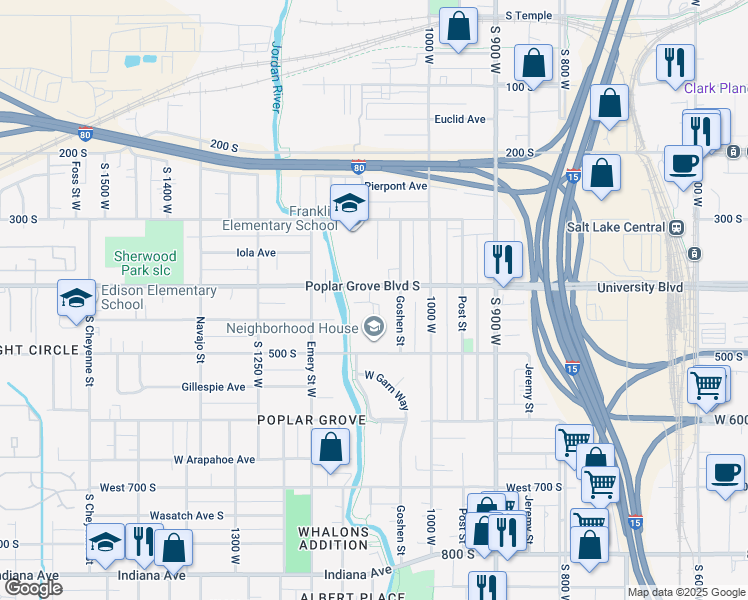 map of restaurants, bars, coffee shops, grocery stores, and more near 435 South 11th West in Salt Lake City