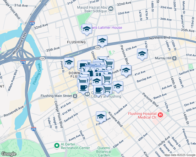 map of restaurants, bars, coffee shops, grocery stores, and more near 136-71 41st Avenue in Queens