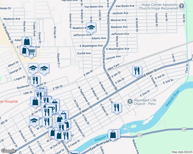 map of restaurants, bars, coffee shops, grocery stores, and more near 299 East 8th Street in Peru