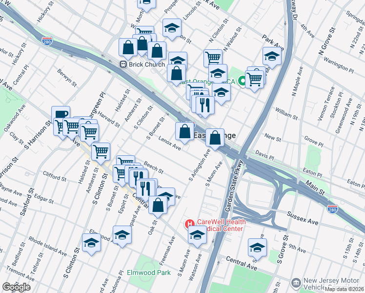 map of restaurants, bars, coffee shops, grocery stores, and more near 46 Lenox Avenue in East Orange