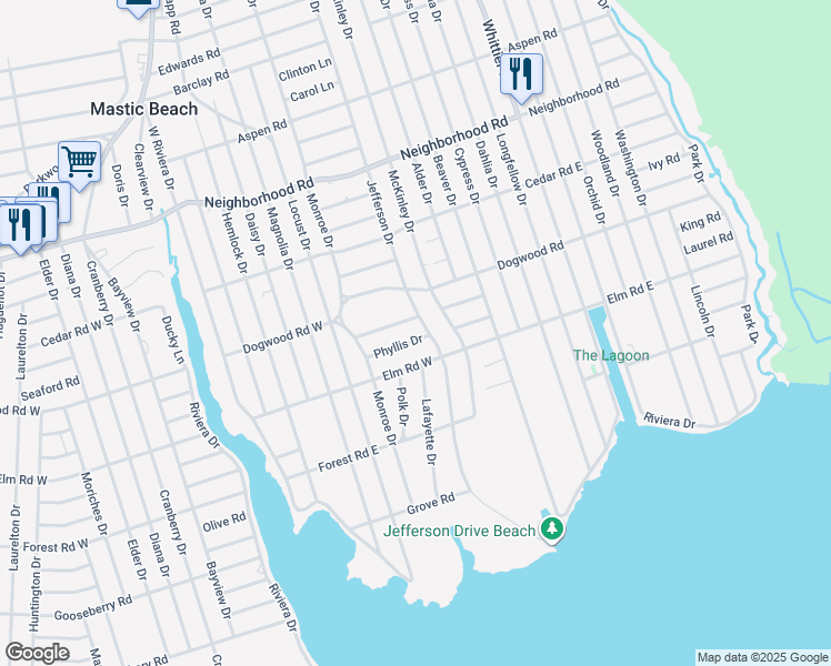 map of restaurants, bars, coffee shops, grocery stores, and more near 139 Elm Road East in Mastic Beach