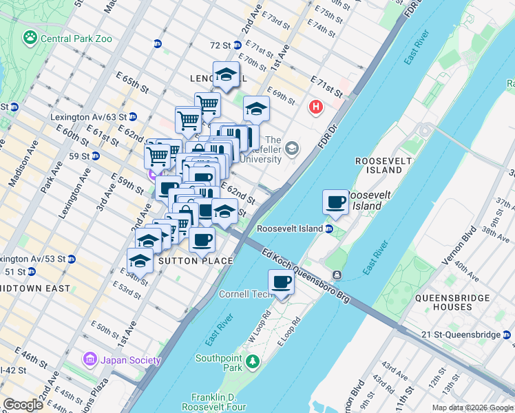 map of restaurants, bars, coffee shops, grocery stores, and more near 510 East 62nd Street in New York