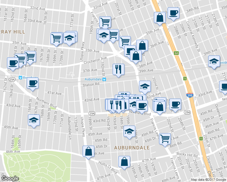 map of restaurants, bars, coffee shops, grocery stores, and more near 40-31 193rd Street in Queens
