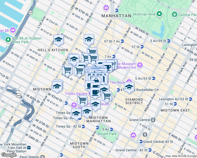map of restaurants, bars, coffee shops, grocery stores, and more near 1600 Broadway in New York