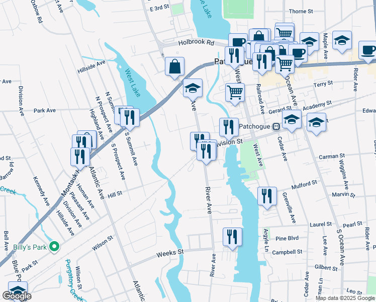 map of restaurants, bars, coffee shops, grocery stores, and more near 10 Morrison Place in Patchogue