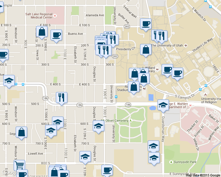 map of restaurants, bars, coffee shops, grocery stores, and more near 443 South 1300 East in Salt Lake City