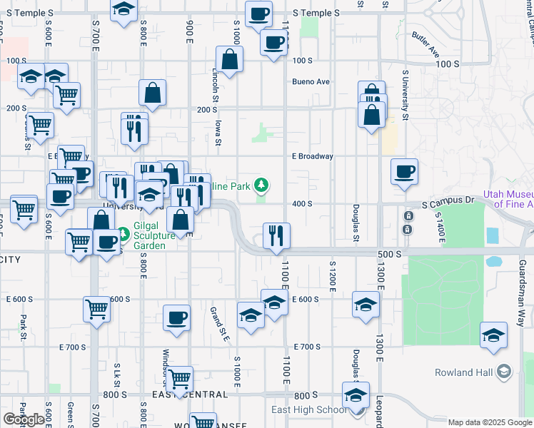 map of restaurants, bars, coffee shops, grocery stores, and more near 1043 Barbara Place East in Salt Lake City