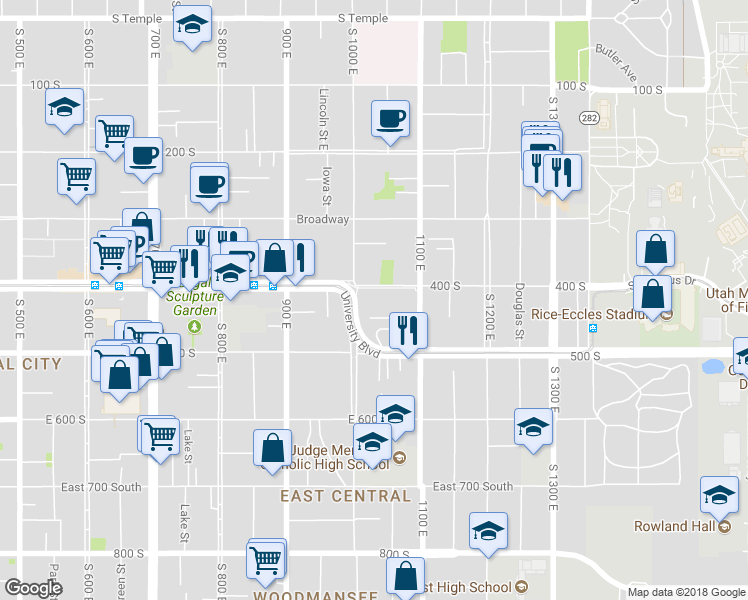 map of restaurants, bars, coffee shops, grocery stores, and more near 1043 Barbara Place East in Salt Lake City