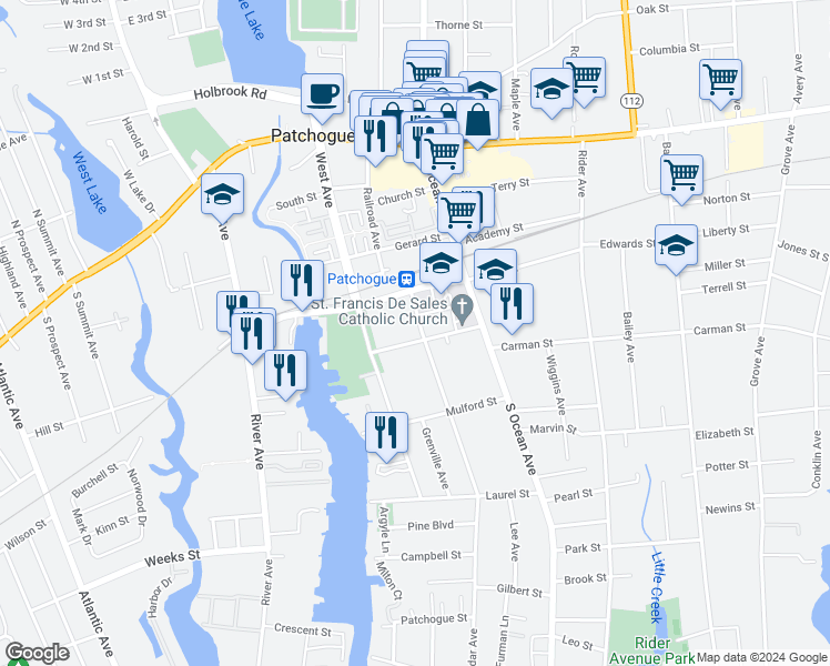 map of restaurants, bars, coffee shops, grocery stores, and more near 48 Amity Street in Patchogue